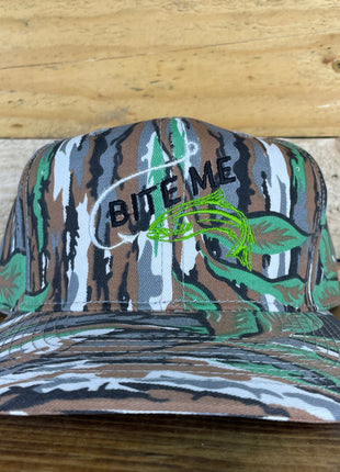 Custom Embroidered BITE ME Fishing Vintage Camo Snapback Cap Hat
