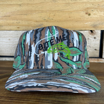 Custom Embroidered BITE ME Fishing Vintage Camo Snapback Cap Hat