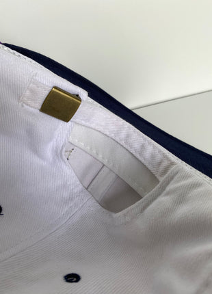 Custom When It Rains It Pours Morton Salt Vintage White Mid Crown Navy Brim Strapback Hat Cap with Rope