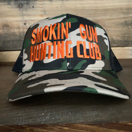 Smokin’ Gun Hunting club Camo mesh curved brim Snapback hat cap custom embroidery