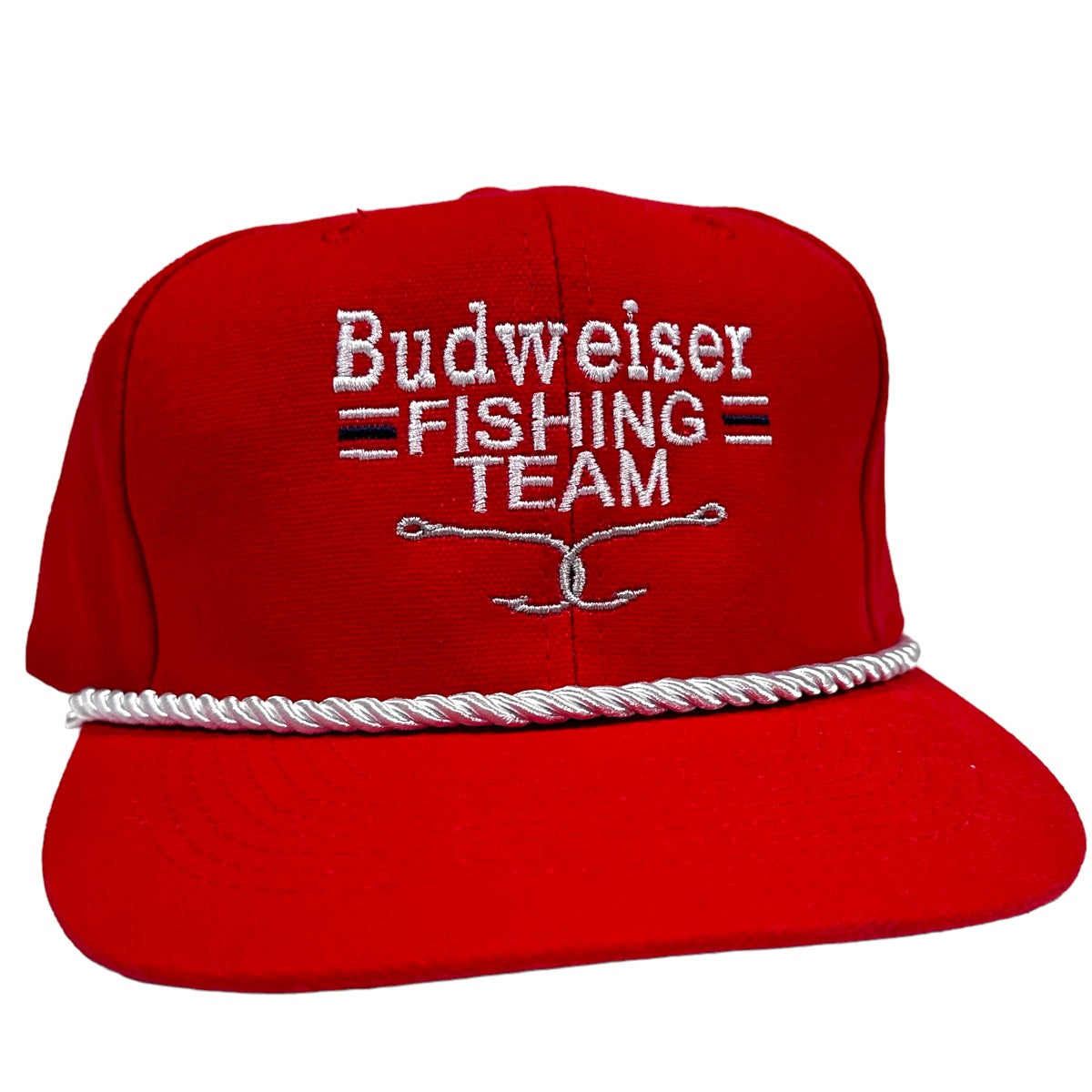 budweiser fishing reel Budweiser Beer Fishing Team Vintage Red Strapback Hat Cap Custom Embro – Old School Hats