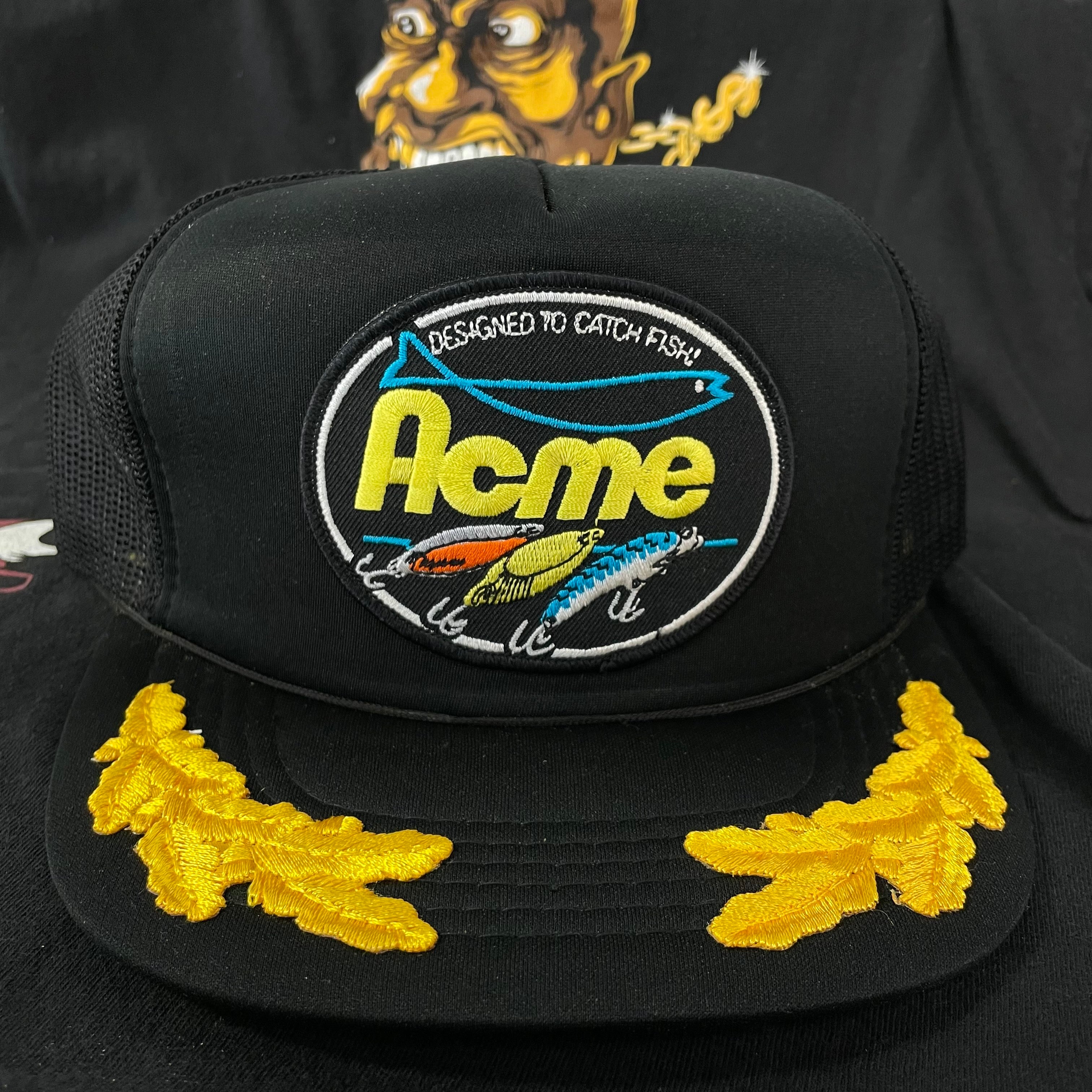 Vintage ACME Fishing Lure Black Mesh Snapback Trucker Cap Hat