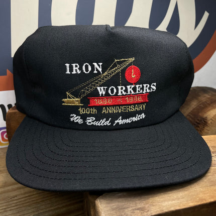 Vintage IRON WORKERS WE Build America 1996 Black Snapback Cap Hat Made in USA (NEVER BEEN WORN)