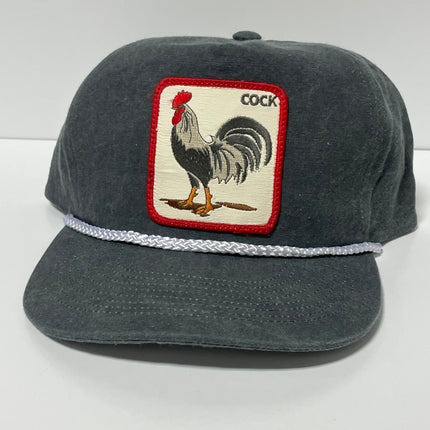Custom COCK Fighting Rooster patch Stone Gray White Rope Tall Crown Snapback Cap Hat