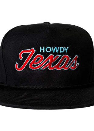 The Oiler Howdy Texas Red & Blue Script Black Rope Snapback Cap Hat Custom Embroidered