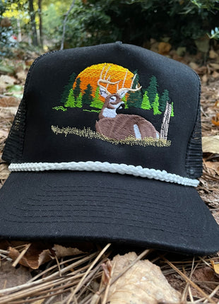 Deer Hunting Scene White Rope Vintage Black Mesh Trucker Snap Back Cap Hat Tall Crown Custom Embroidered