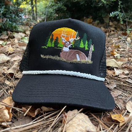 Deer Hunting Scene White Rope Vintage Black Mesh Trucker Snap Back Cap Hat Tall Crown Custom Embroidered