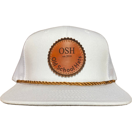 The Leather Head Hat Co Custom OSH patch with gold rope white mesh Snapback hat cap