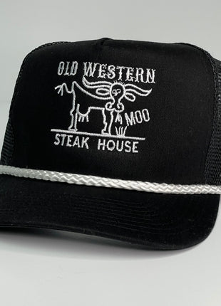 OLD WESTERN STEAK HOUSE Black Mesh Tall Crown Snapback Trucker Rope Cap Hat Custom Embroidery