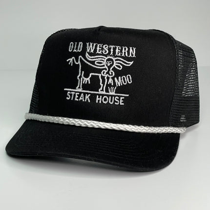 OLD WESTERN STEAK HOUSE Black Mesh Tall Crown Snapback Trucker Rope Cap Hat Custom Embroidery