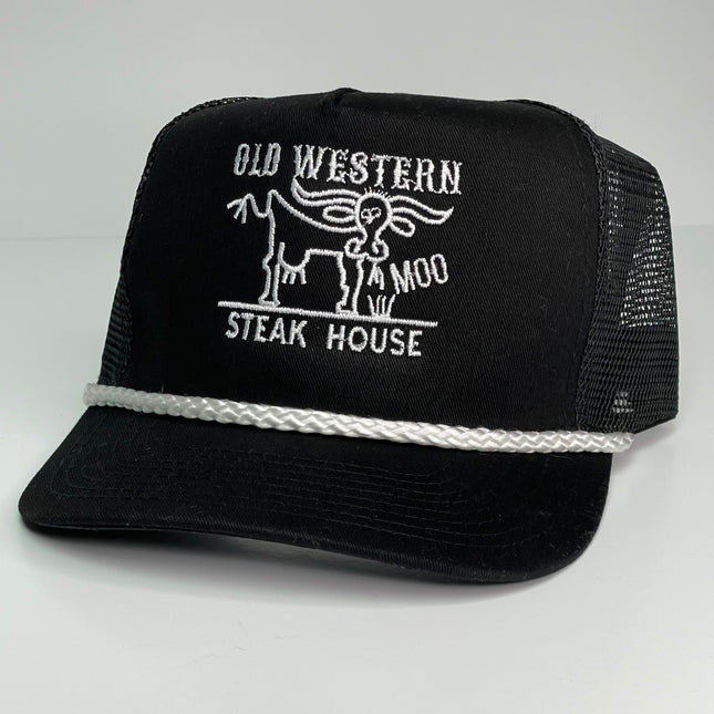 OLD WESTERN STEAK HOUSE Black Mesh Tall Crown Snapback Trucker Rope Cap Hat Custom Embroidery