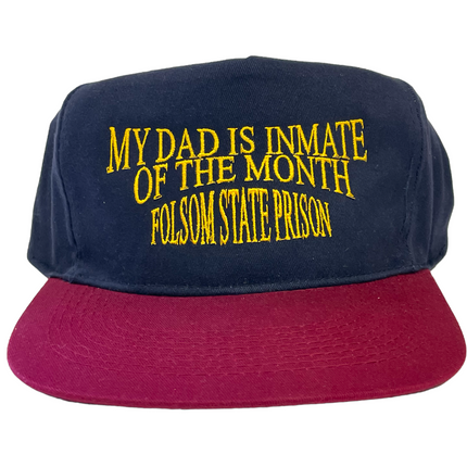 My DAD Is Inmate of the Month Folsom State Prison Yellow Thread Vintage Navy Mid to High Crown Maroon Brim Strapback Hat Cap Custom Embroidery
