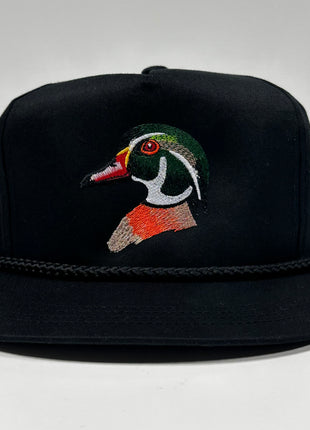 Wood Duck on a Black SnapBack Hat Cap with Rope Custom Embroidered