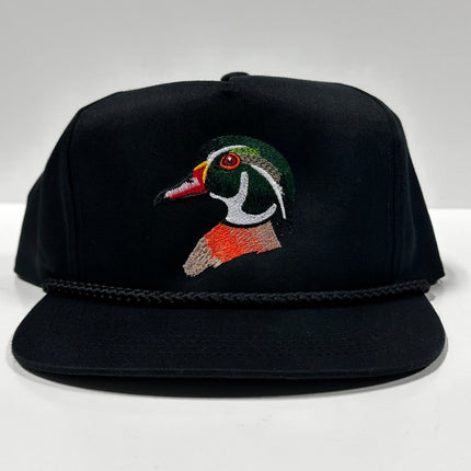 Wood Duck on a Black SnapBack Hat Cap with Rope Custom Embroidered