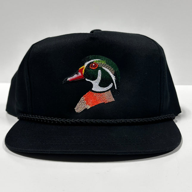 Wood Duck on a Black SnapBack Hat Cap with Rope Custom Embroidered
