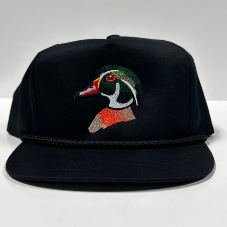 Wood Duck on a Black SnapBack Hat Cap with Rope Custom Embroidered