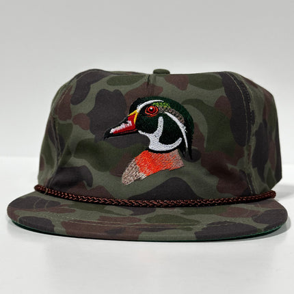 Wood Duck Camo Rope Hunting Strapback Cap Hat Custom Embroidered