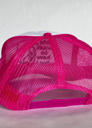 GIRLS JUST WANT TO HAVE FUN Pink Mesh White Front Trucker SnapBack Cap Hat Custom Embroidered