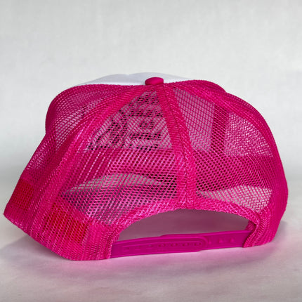 GIRLS JUST WANT TO HAVE FUN Pink Mesh White Front Trucker SnapBack Cap Hat Custom Embroidered