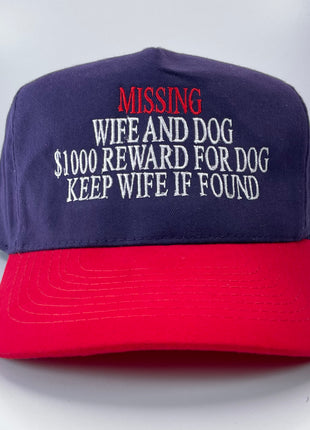 MISSING WIFE AND DOG Vintage Strapback Cap Hat Funny Embroidered