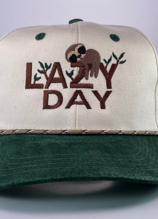 National LAZY DAY Vintage Green Suede Brim Snapback Cap Hat With Rope Custom Embroidered