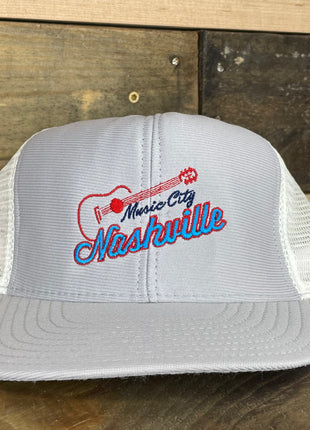 Custom Embroidered Music City Nashville TN Vintage Gray White Mesh Trucker Snapback Cap Hat Made in USA