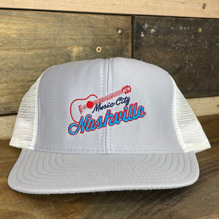 Custom Embroidered Music City Nashville TN Vintage Gray White Mesh Trucker Snapback Cap Hat Made in USA