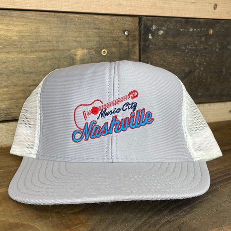Custom Embroidered Music City Nashville TN Vintage Gray White Mesh Trucker Snapback Cap Hat Made in USA