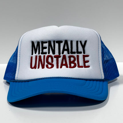 Mentally Unstable (Red) on Vintage Blue Mesh Trucker Snapback Hat Cap Custom Embroidery