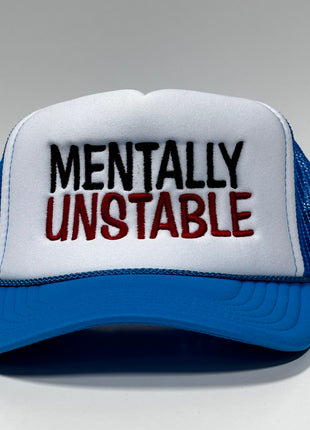 Mentally Unstable (Red) on Vintage Blue Mesh Trucker Snapback Hat Cap Custom Embroidery