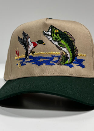 BASS FISHING & Mallard Duck Tan Trucker SnapBack Cap Hat Hunting Custom Embroidered