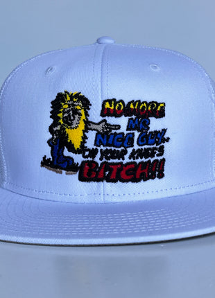 NO MORE MR NICE GUY ON YOUR KNEES White Mesh Trucker Flat Brim SnapBack Funny Cap Hat Custom Embroidered
