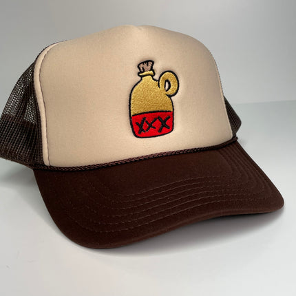 Moonshine XXX custom embroidered tan and brown trucker snapback cap