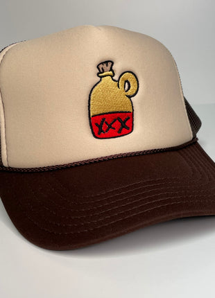 Moonshine XXX custom embroidered tan and brown trucker snapback cap