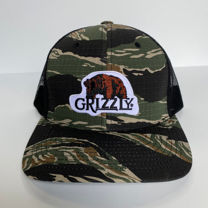 Grizzly Bear patch Camouflage 5 Panel Black Mesh Trucker Snapback Hat Fits like a Richardson