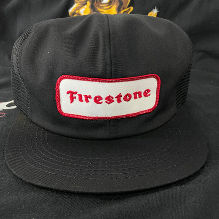 Vintage Firestone tires Fire Stone Black Mesh Snapback Trucker Cap Hat Made in USA K-Products