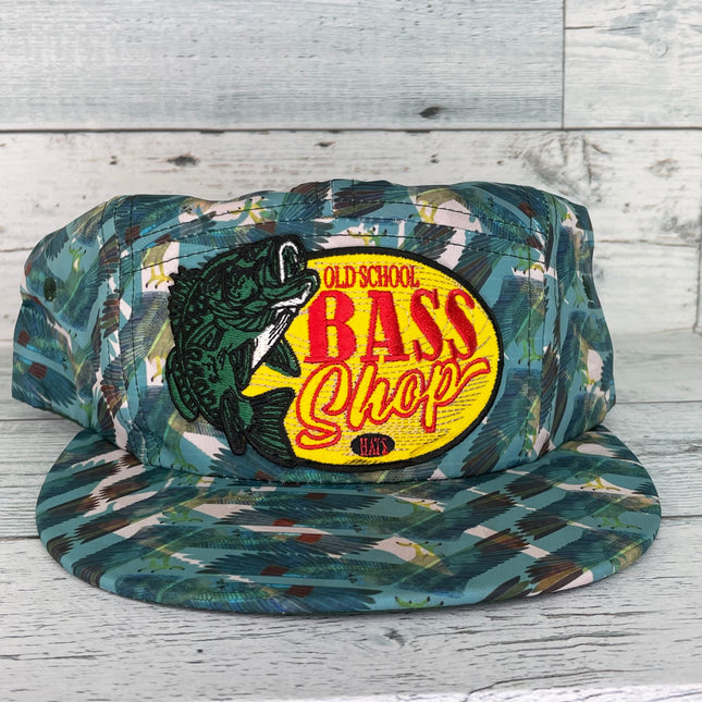 Old School Bass Shop All Over Print Mid Crown Snapback Cap Hat Fits up to 7 3/4