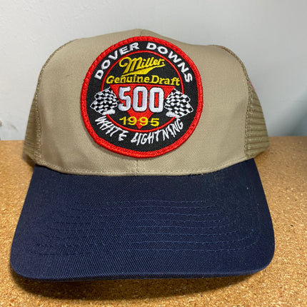 Custom Miller Genuine Draft Beer White Lightning Dover Downs 1995 NASCAR 500 Vintage Mesh Trucker Cap Hat (READY to ship)