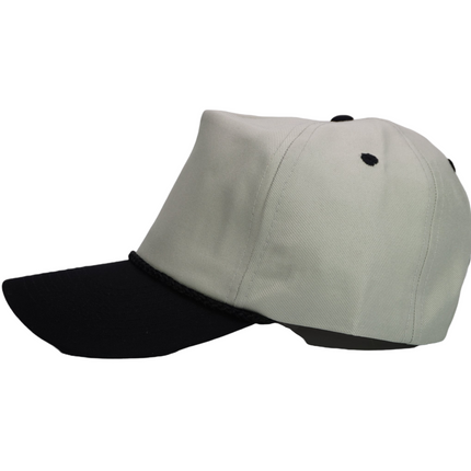 Vintage Khaki Mid Crown Black Brim 5 Panel Unstructured Snapback Hat Cap with Black Rope