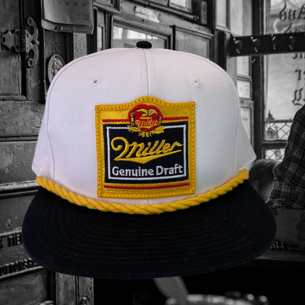 Custom Miller Genuine Draft Beer patch Vintage White Crown Black Brim Snapback Hat Cap with Rope