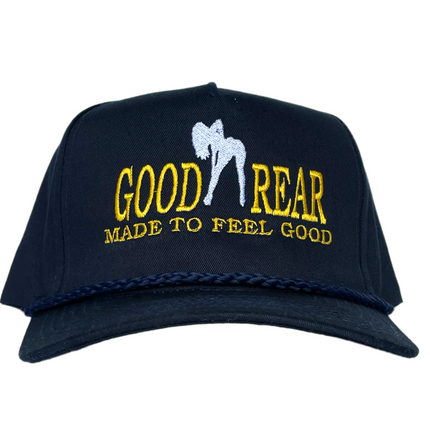 GOOD REAR Made To Feel Good Vintage Navy Blue Rope Snapback Tall Crown Cap Hat Funny Custom Embroidery