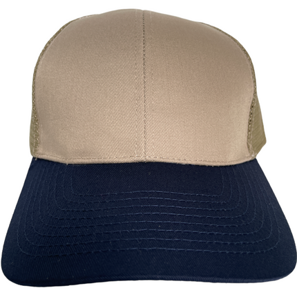 Vintage Tan Crown 5 Panel Navy Brim Mesh SnapBack Hat Cap