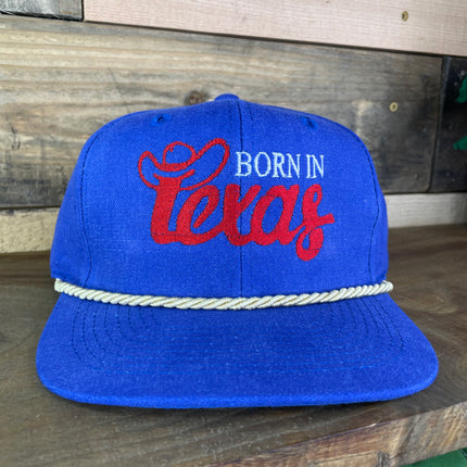 Born in TEXAS Vintage Tan Rope Blue Strapback Cap Hat Custom Embroidered