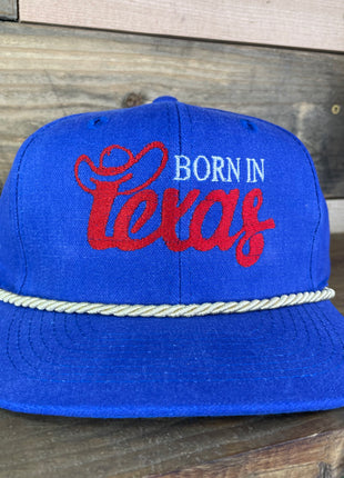 Born in TEXAS Vintage Tan Rope Blue Strapback Cap Hat Custom Embroidered