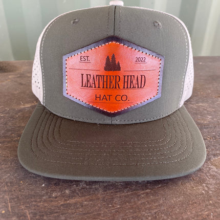 The Leather Head Hat Co. leather patch Olive green with khaki hydro mesh waterproof SnapBack hat cap