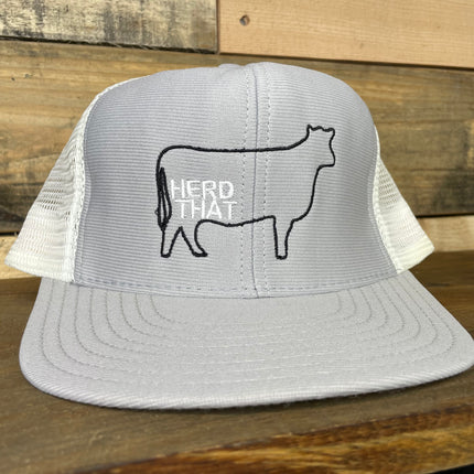 Custom HERD THAT Cow Vintage Made In USA Gray Mesh Trucker Snapback Cap Hat
