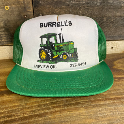 Vintage John Deere Burrells Fairview Oklahoma Green Trucker Mesh Snapback Hat Cap