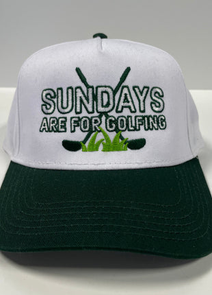 Sunday’s are for Golfing on a White Crown Green Brim SnapBack Hat Cap Custom Embroidery