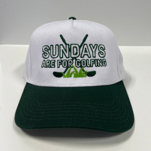 Sunday’s are for Golfing on a White Crown Green Brim SnapBack Hat Cap Custom Embroidery
