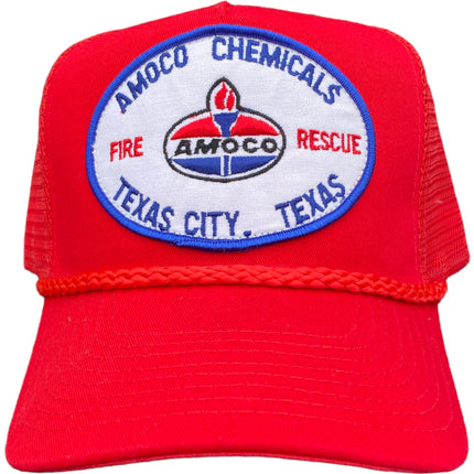Custom Amoco Chemicals Fire Rescue patch on a Red Trucker Mesh SnapBack Hat Cap